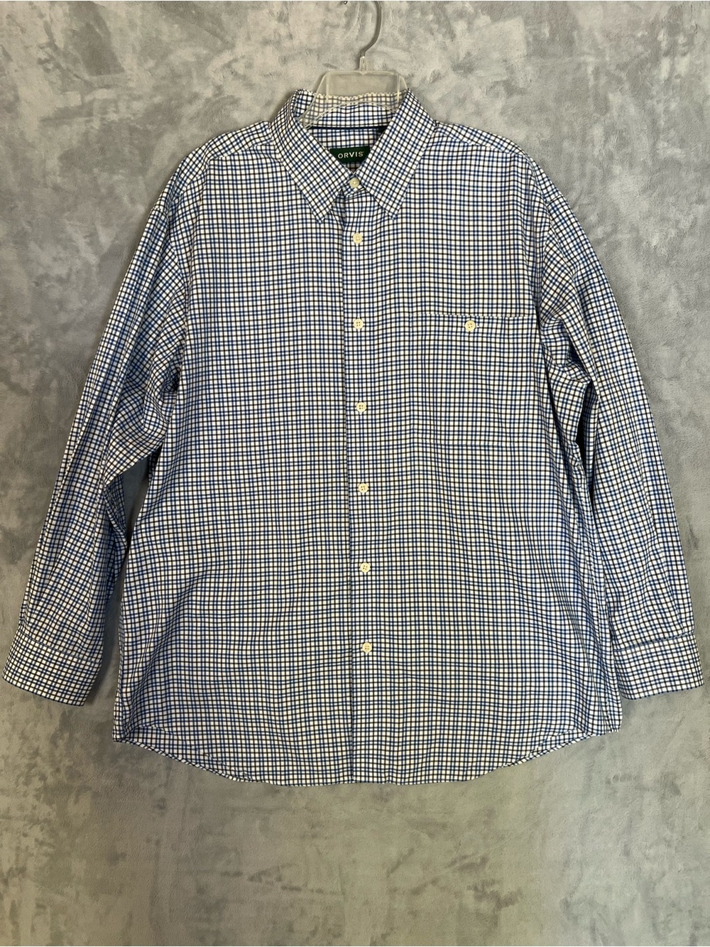 Orvis Wrinkle Free Mens XL Button Down Shirt Long Sleeve Blue Plaid 100% Cotton